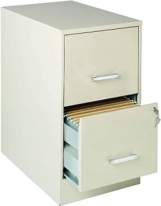 A standard home office file cabinet with two drawers. The top drawer is partially open to show files inside.