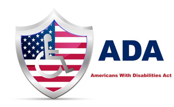 an outline of a shield with the American flag in the center and the wheelchair icon on top of the flag. The letters ADA are to the right side and the words Americans with Disability Act underneath.