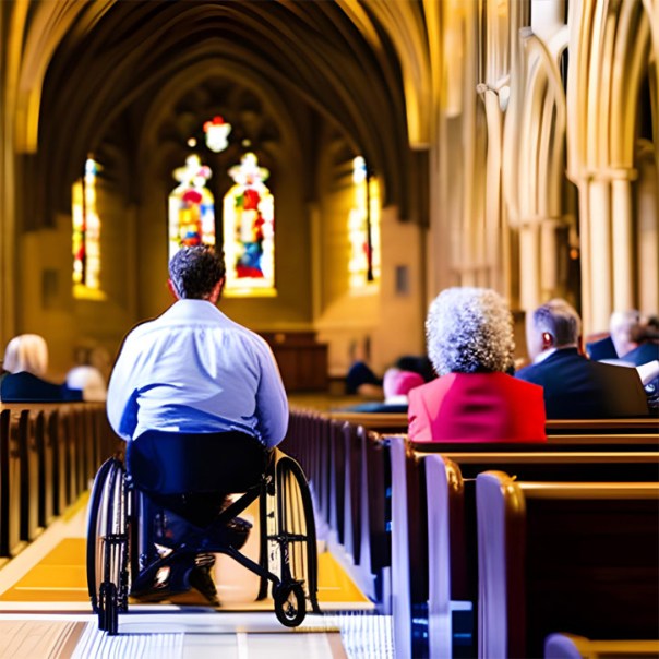 A disabled man at a church service. He is sitting in his wheelchair in the aisle next to one of the pews.